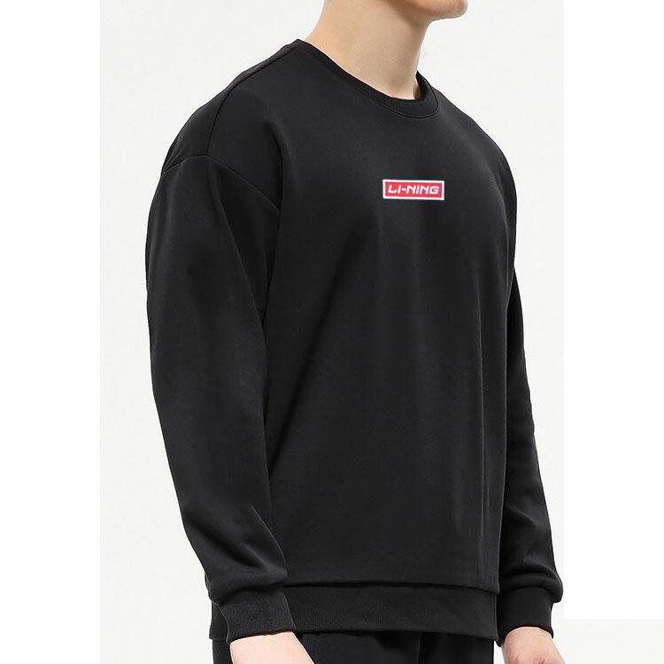 Li Ning Sports Fashion Series Embroidered Small Logo Fleece Loose Round Neck Pullover Sweatshirt Unisex Sweatshirt Black AWDP696-10