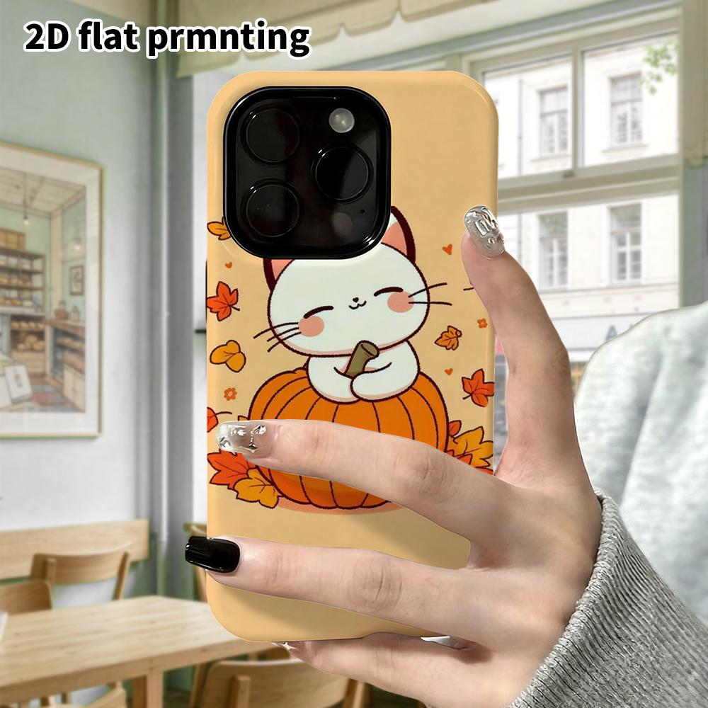 Phone Case: 2D Flat Design Suitable for iPhone 18 17 16 15 14 13 Pro Film Protective Case, Couple Style, Little Cat In a Pumpkin, Christmas and Hallow