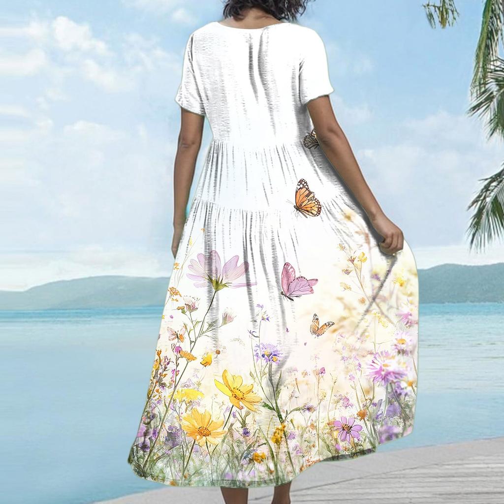 Women Casual Loose Bohemian Floral Dress Short Sleeve Long Maxi Summer Beach Swing Dress