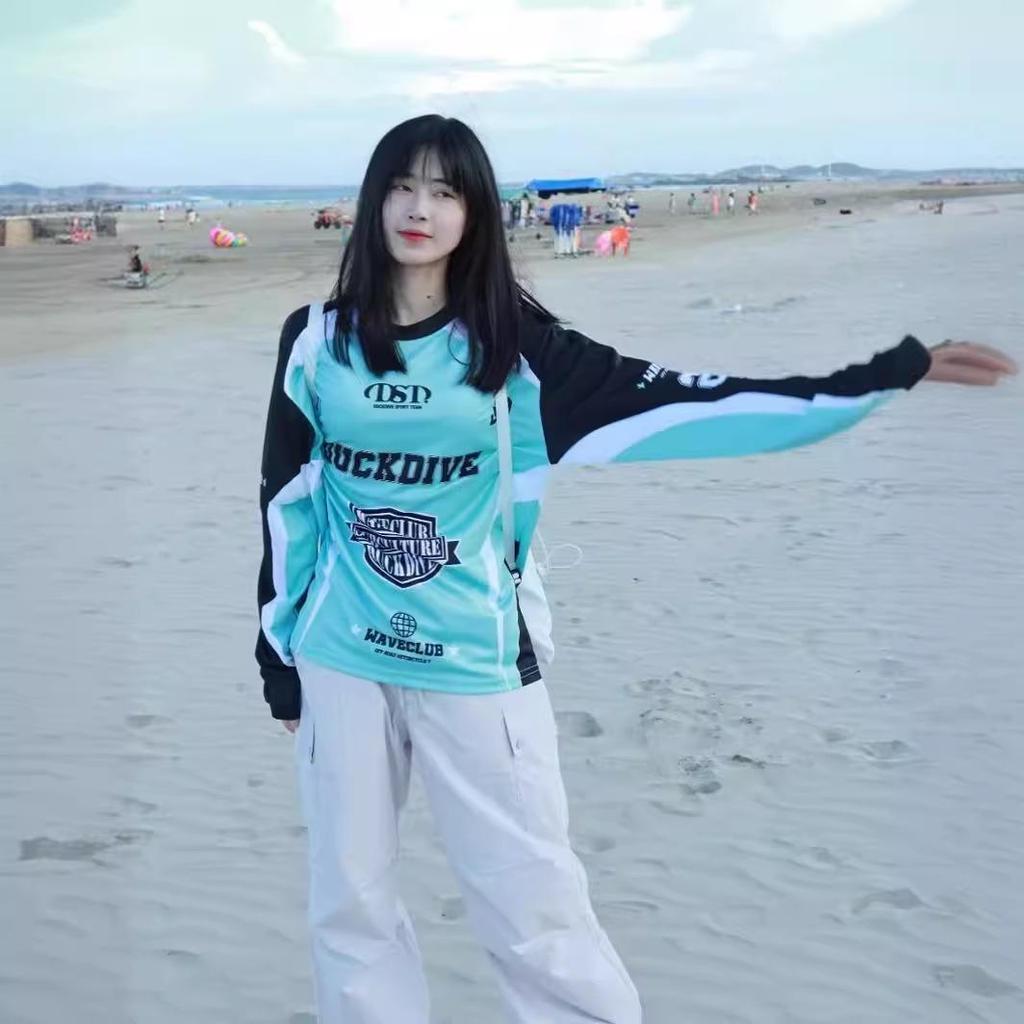 Dámský retro americký síťovaný dres s pouličním potiskem: Volný taneční top s dlouhým rukávem