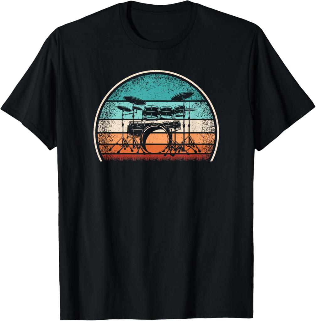Retro Drum Set Drummer Vintage Sunset Graphic Tee Casual Cotton T-Shirt for Music Lovers