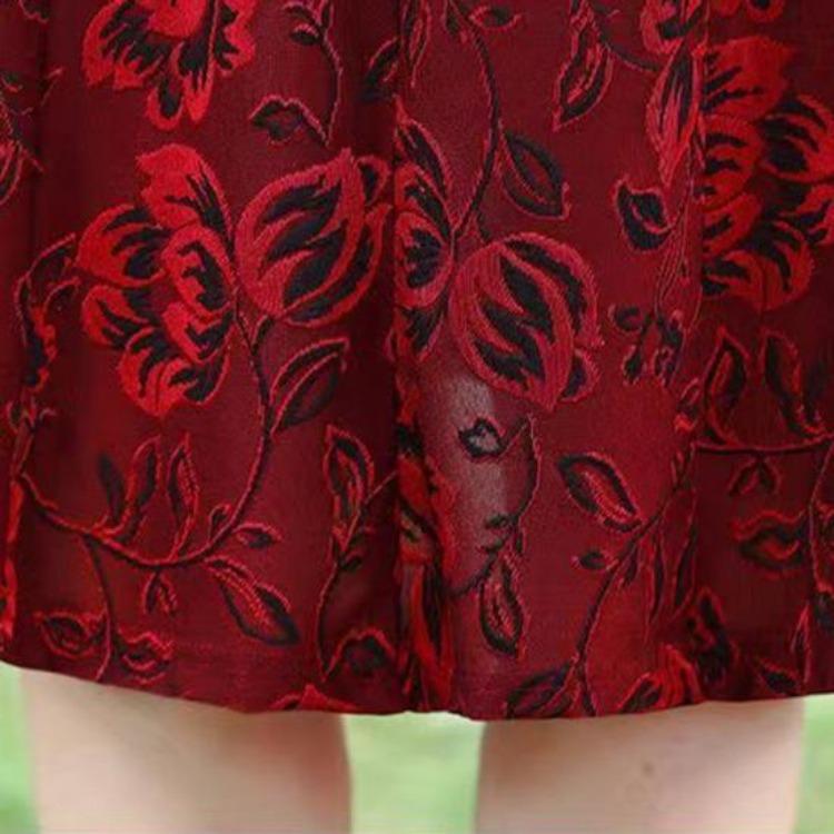 Spring Fall Floral Printed V Neck Lapel Collar Short Sleeves A-Line Midi Dress Casual Knee Length Dress for Women Middle Aged Ladies