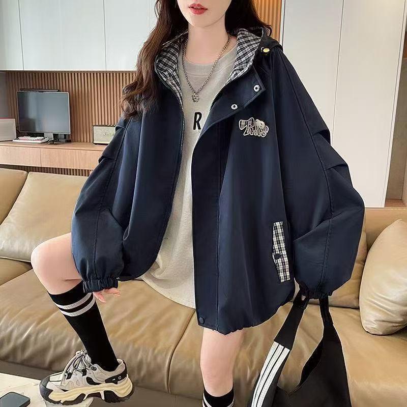 Sweet Cool Hooded Blooming Jacket Teen Girls Loose Fit Plaid Patchwork College Style