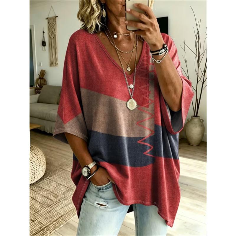 T-shirt da Donna Taglie Forti con Scollo a V e Maniche a Pipistrello Stampa Etnica Bohemien Top Largo Estivo Comodo Traspirante per il Pendolarismo Quotidiano Casual