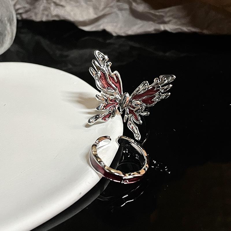 Red Butterfly Ring Female Niche Design High-End Light Luxury Ring Opening Adjustable French Personalized Index Finger Ring