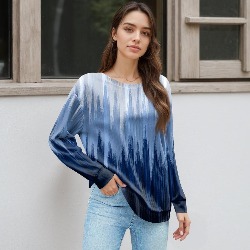 Women's Winter Color-Block Printed Lightweight Brushed-Cotton Round Neck Top