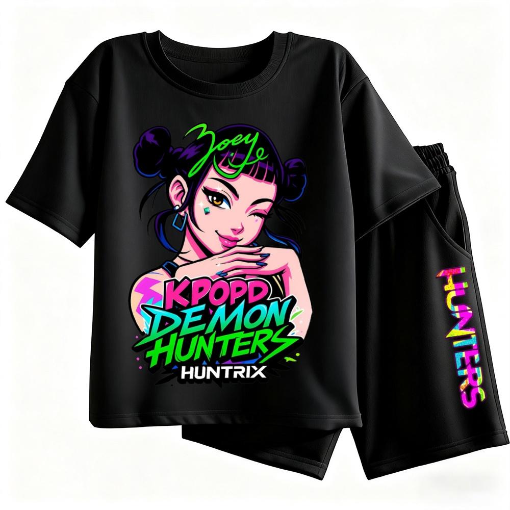 2pcs Kpop Demon Hunters Short Sleeved Shorts Set Featuring Rumi Mira Zoey Girl Group Magical Warrior Fan Tops