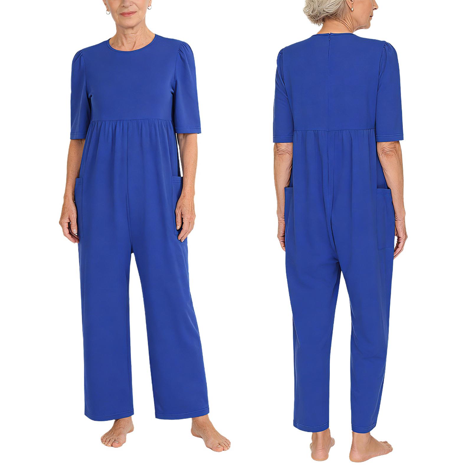 

S-XXL Women Elderly Adaptive Jumpsuit Short Sleeve Side Pockets Long Pants Back Zipper Anti Strip for Alzheimer Dementia Patient S королевский синий