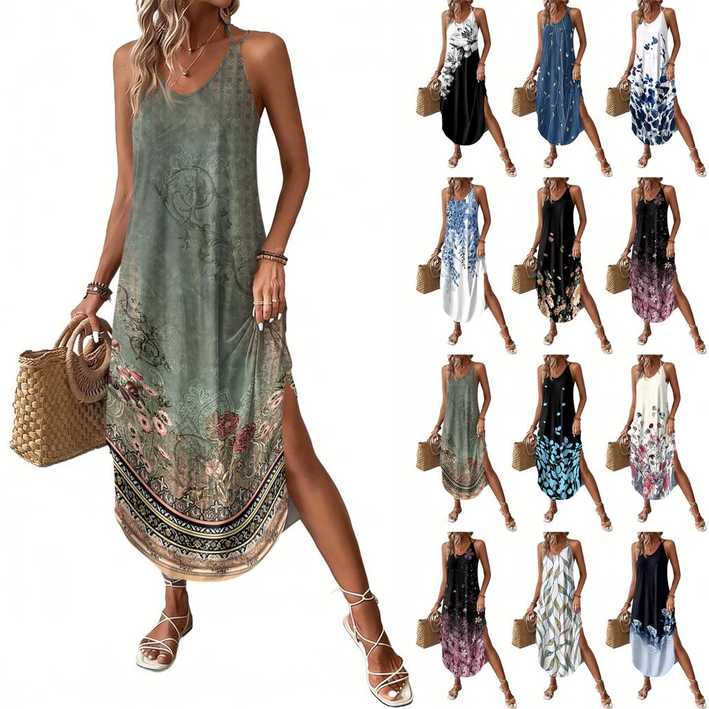 Women V Neck Sleeveless Floral Print Maxi Dress with Pockets Casual Loose Fit Beach Long Sundress for Summer