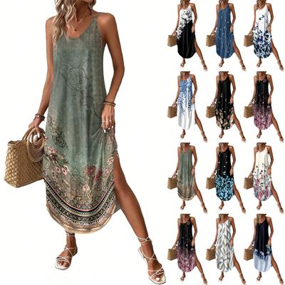 Women's Fashion Casual V-neck Sleeveless Dresses Print Dresses Beach Long Dresses