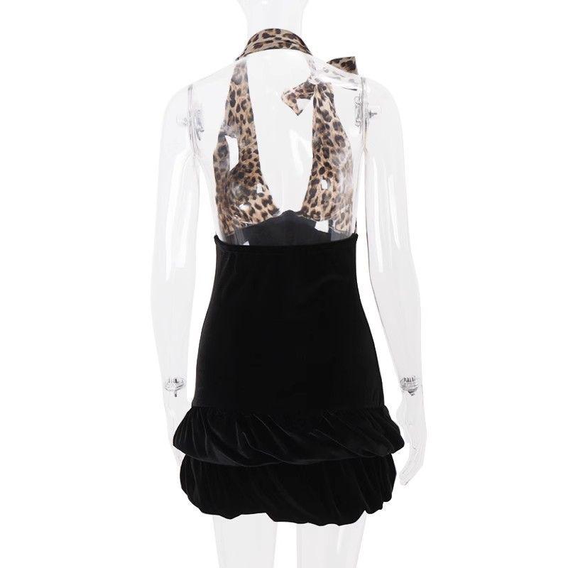 Velvet Leopard Patchwork Halter Mini Dress - Sexy, Slimming, Backless Design