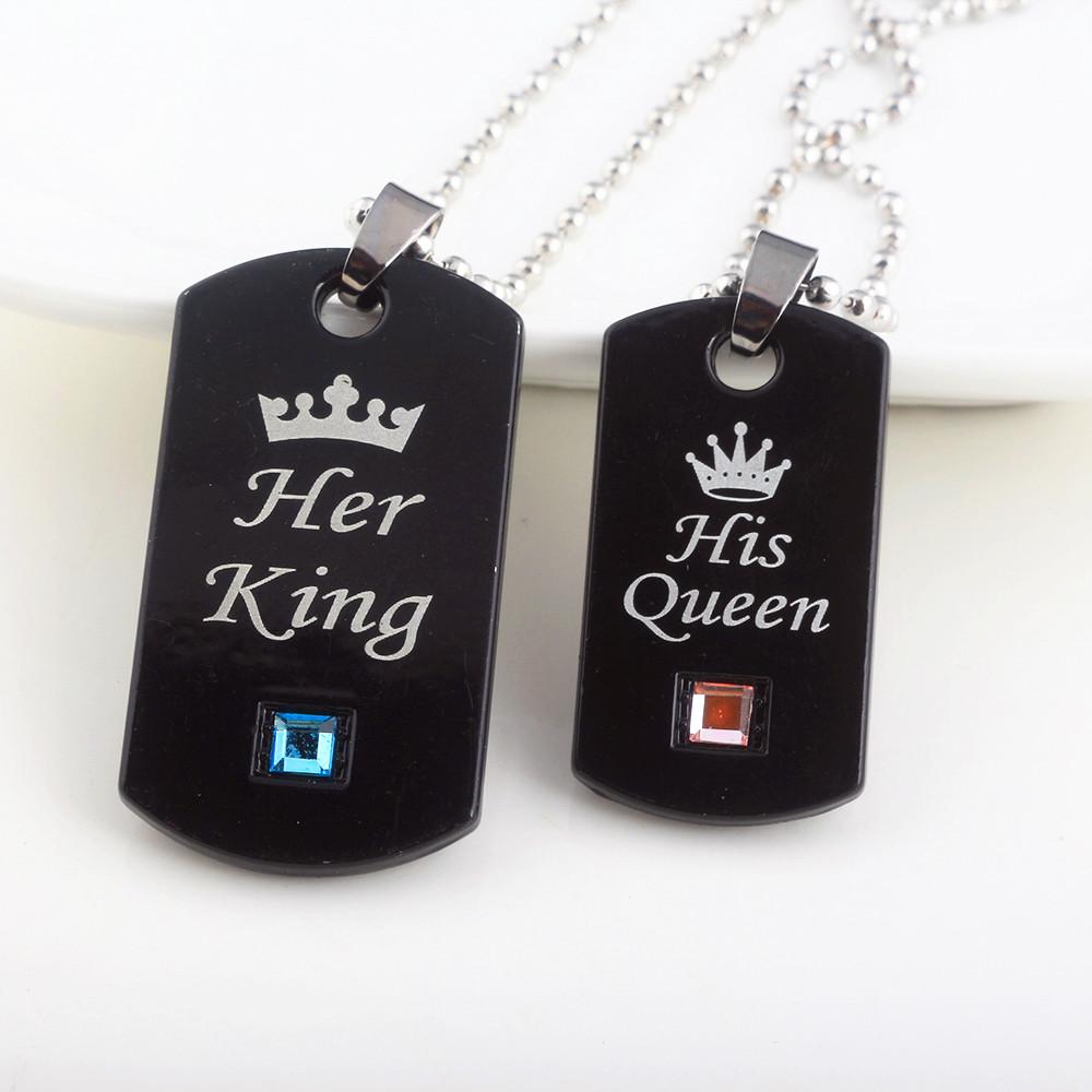 Her King & His Queen Couple Military Card Necklace Pendant Valentine's Day Wedding Anniversary Crown For Man Women Jewelry Gift