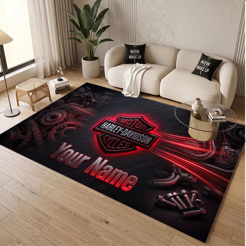Tappeto Personalizzato Stampa Motivo Harley-Davidson Nome Testo Morbido Antiscivolo Tappeto per Pavimento per Decorazione Interna della Casa