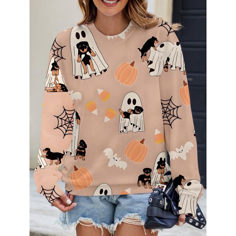 Womens Casual Hoodie With 3D Halloween Print Round Neck Lightweight Breathable Fabric