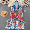 Palace Style Round Neck Print Lantern Sleeve Loose Dress