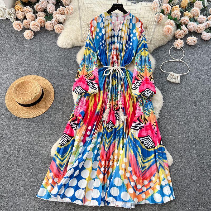 Palace Style Round Neck Print Lantern Sleeve Loose Dress