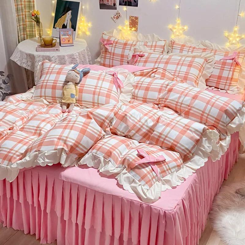 4pcs/set Cute Brushed Double Layer Lace Bed Skirt Bow Bedspread Bed Sheet Bedding Set Korean Version Girl Quilt Cover Four Piece Set