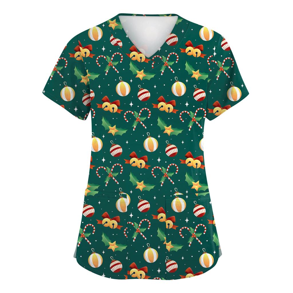 Women's Fashion Short Sleeve Christmas Print V-Neck Pocket Workwear Tops