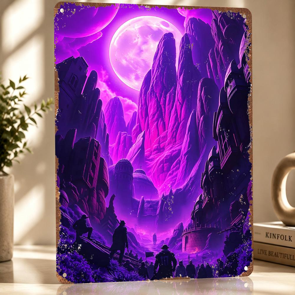 Purple Mountain Fantasy Personalized D Textured Metal Poster Wall Art Tinplate Sign for Decoration Room Decorating Interior