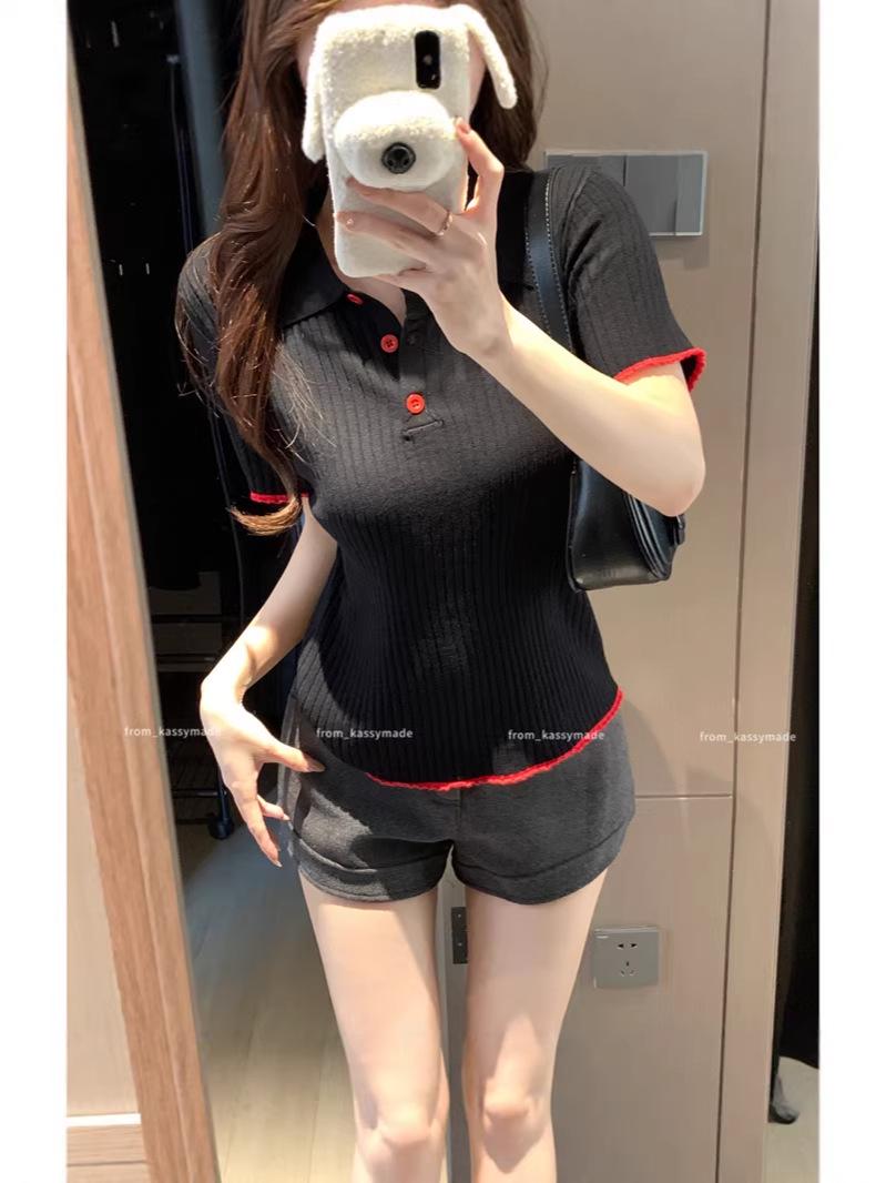 Plus Size Women s Color Block Polo Collar Knit Top - Korean Style, Short Sleeve, Summer Style. 4XL