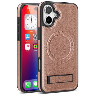 For iPhone 16 Plus Case Compatible with MagSafe with Folded Kickstand PC Silicone Leather Phone Back Cover