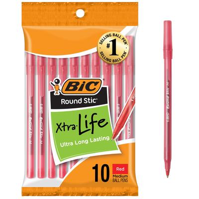 BIC Round Stick Stylo à bille Longue durée, Pointe Moyenne, Lot de 10