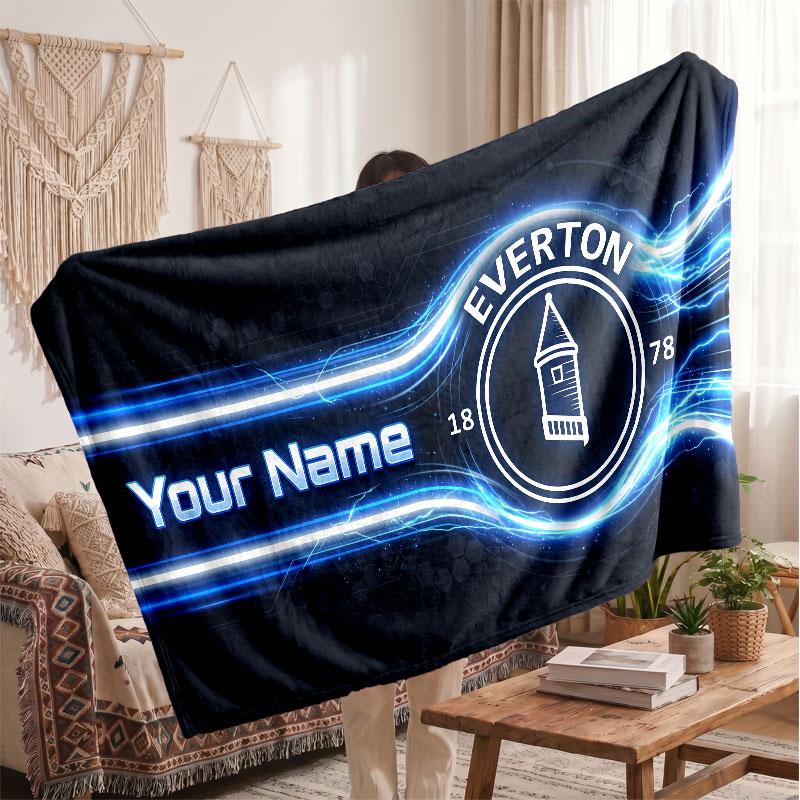 Everton FC Personalized Fleece Blanket With Football Logo, Custom Name Text Soft Warm Home Throw Blanket