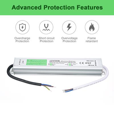 LED Driver Waterproof IP67 Switch Power Supply Transformer Adapter AC 90V-250V To DC 12V 50W Low