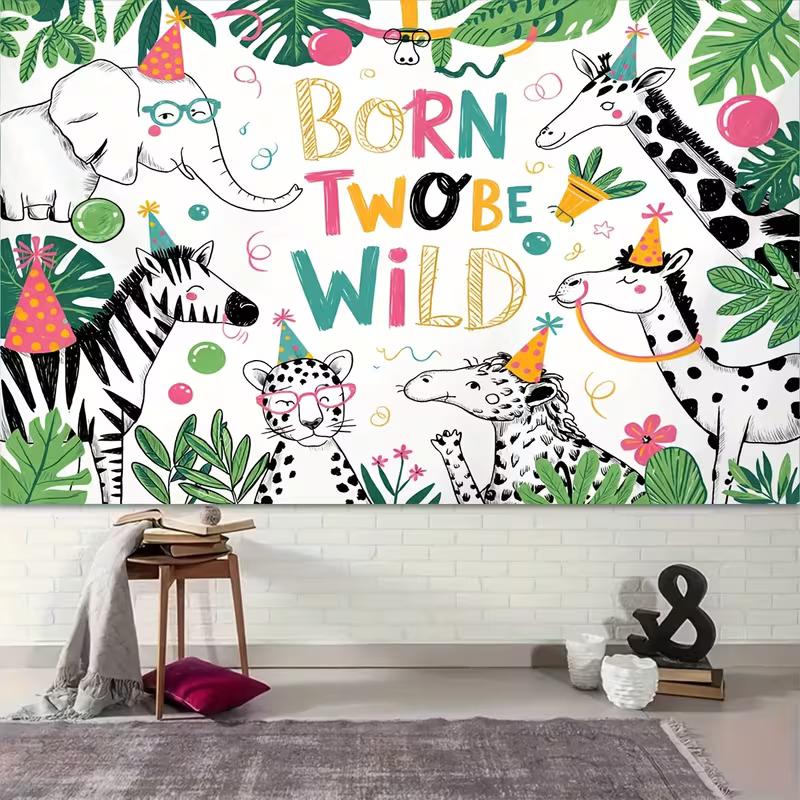2D Jungle Themed 2nd Birthday Backdrop Cloth for Photo Booth & Decor
