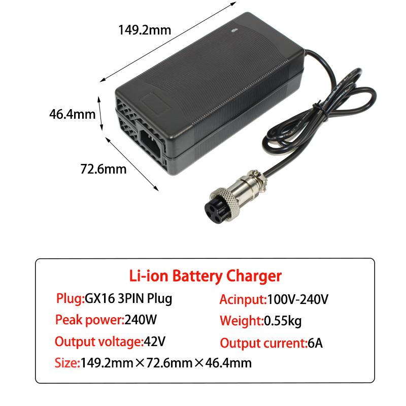 36V 6A Battery Charger 42V GX16 IEC XT60,XT90 Lithium Li-ion Li-poly Fast Charger 10S 36 Volt