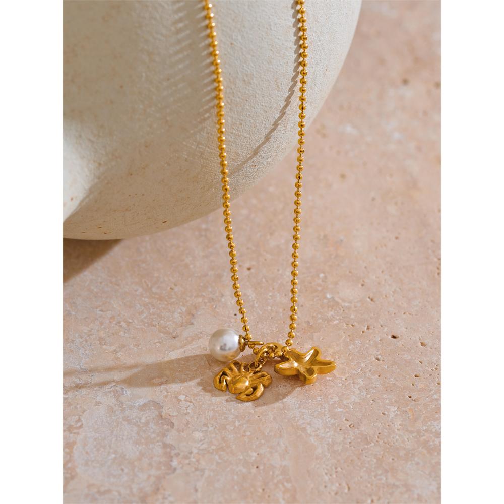 Yhpup Ocean Style Summer Pearl Starfish Crab Necklace Pendant Stainless Steel Gold PVD Plated Holiday Fashion Jewelry for Women