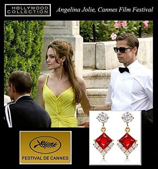 Ruby Red 18K Princess Cut CZ Dangle Hollywood Celebrity Jewelry Earrings, Gold, Diamond, Earrings, 18KGP,