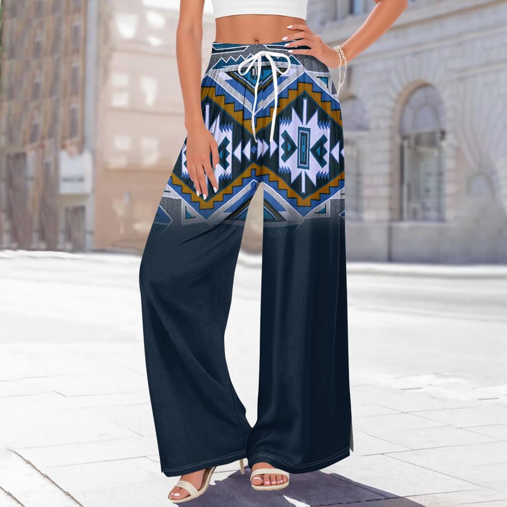 Damen Bedruckte Weitbeinige Hosen mit Taschen Hohe Taille Kordelzug Lockere Freizeit-Hosen