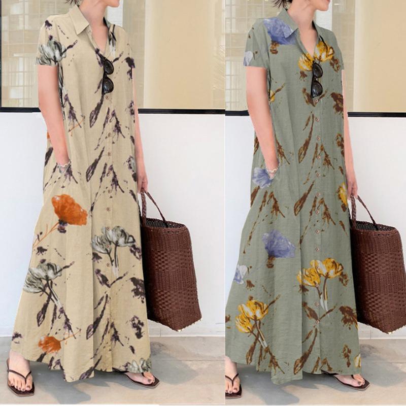 Fashion Short Sleeve Summer Shirt Dress Women Plus Size Lapel Single Breasted Casual Loose Simple A-line Party Maxi Long Dresses Elegant Print Clothes