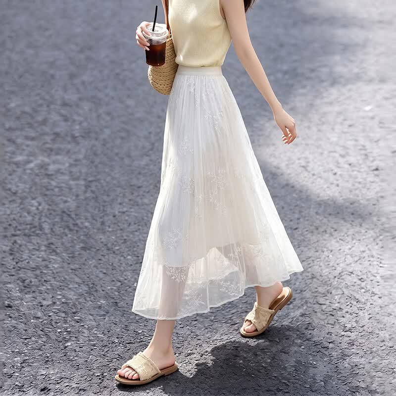 French Style Embroidered Lace Maxi Skirt One Size