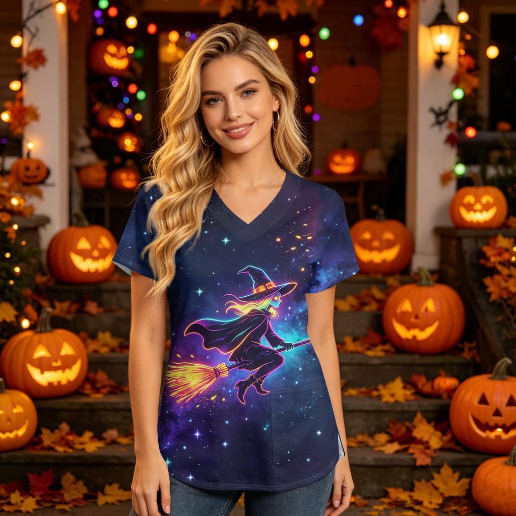 Women’s V Neck Short Sleeve Top with Halloween House Print and Functional Pocket for Healthcare Professionals