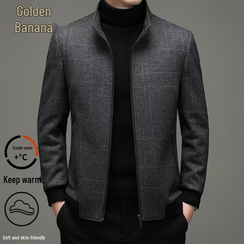 Men's Stand-Collar Wool-Blend Zip-Up Casual Jacket