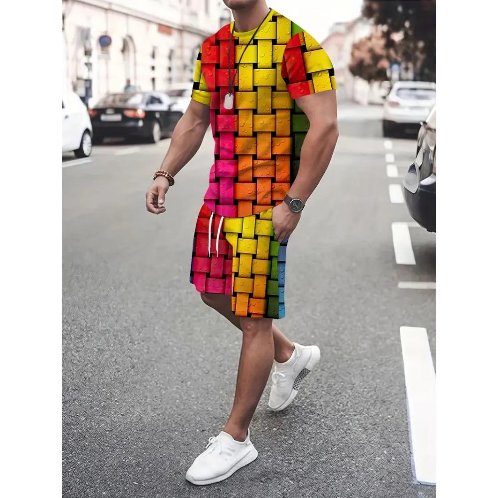 Summer Men's Clothing Letter Print Short Sleeve Top Men's Elastic Waist Shorts 2-piece Set Plus Size T Shirts Shorts Set