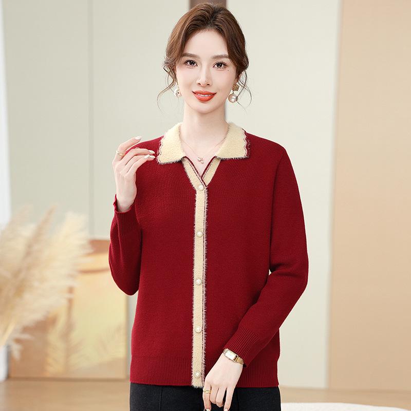 

Модный вязаный свитер на флисовой подкладке с отложным воротником для женщин среднего и пожилого возраста M (for 85-95 jin) вино красного