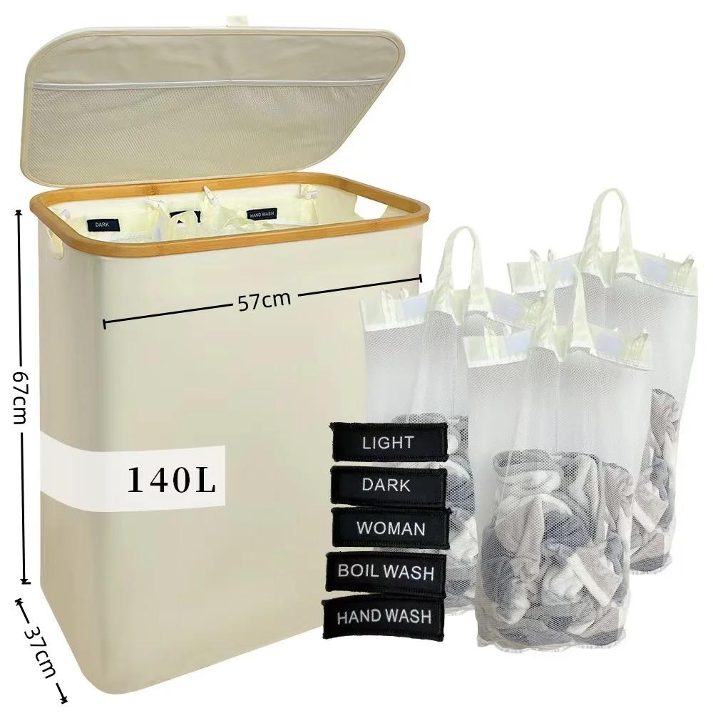 For 160 Liters 3-grid Classification Laundry Basket Dirty Laundry Basket Oxford Cloth Bamboo Magic Inner Bag Dirty Laundry Baske