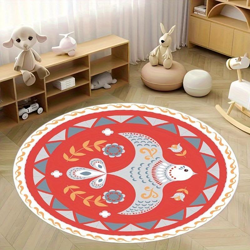 Round Area Rug Red and Blue Bird Mandala Pattern Soft Flannel Carpet for Nursery Kids Room Floor Decor NonSlipWashableDecoration