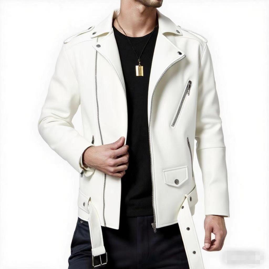 

Autumn Winter Casual Men s PU Leather Jacket Fashion Slim Fit Turn Down Collar Moto Biker Coat Trendy Men s Outerwear XL білий