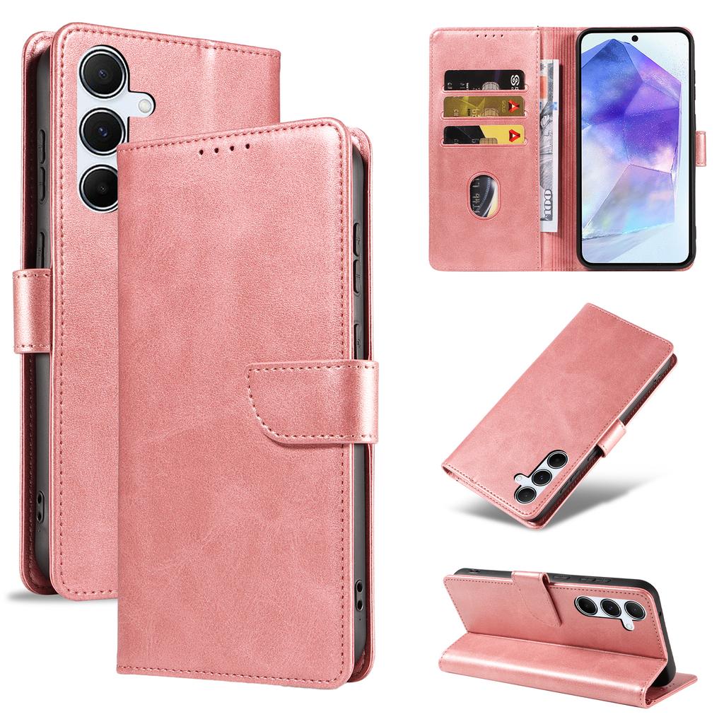 For Samsung Galaxy A55 5G Case with 2Pcs Tempered Glass WANLONFENG WN Series Calf Texture Leather Phone Cover Big Cutouts
