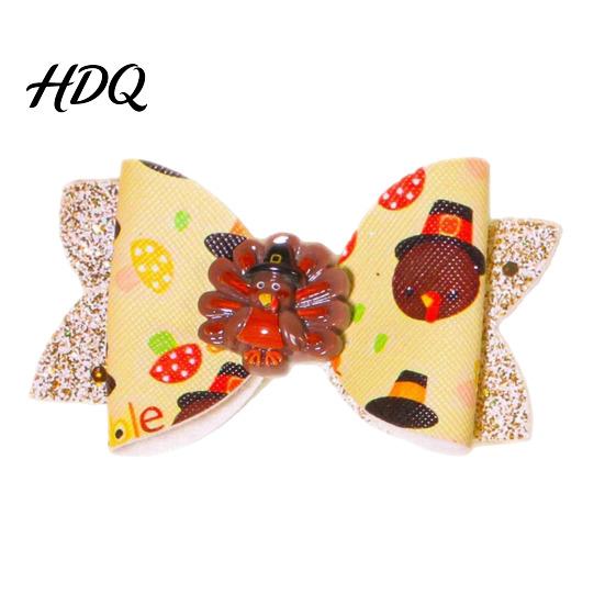 Faux Leather Hair Clips Thanksgiving Turkey Bow Clip for Girls Decorative Pins Bows Double Layer Glitter Clip Cute Autumn Holiday Party Accessories
