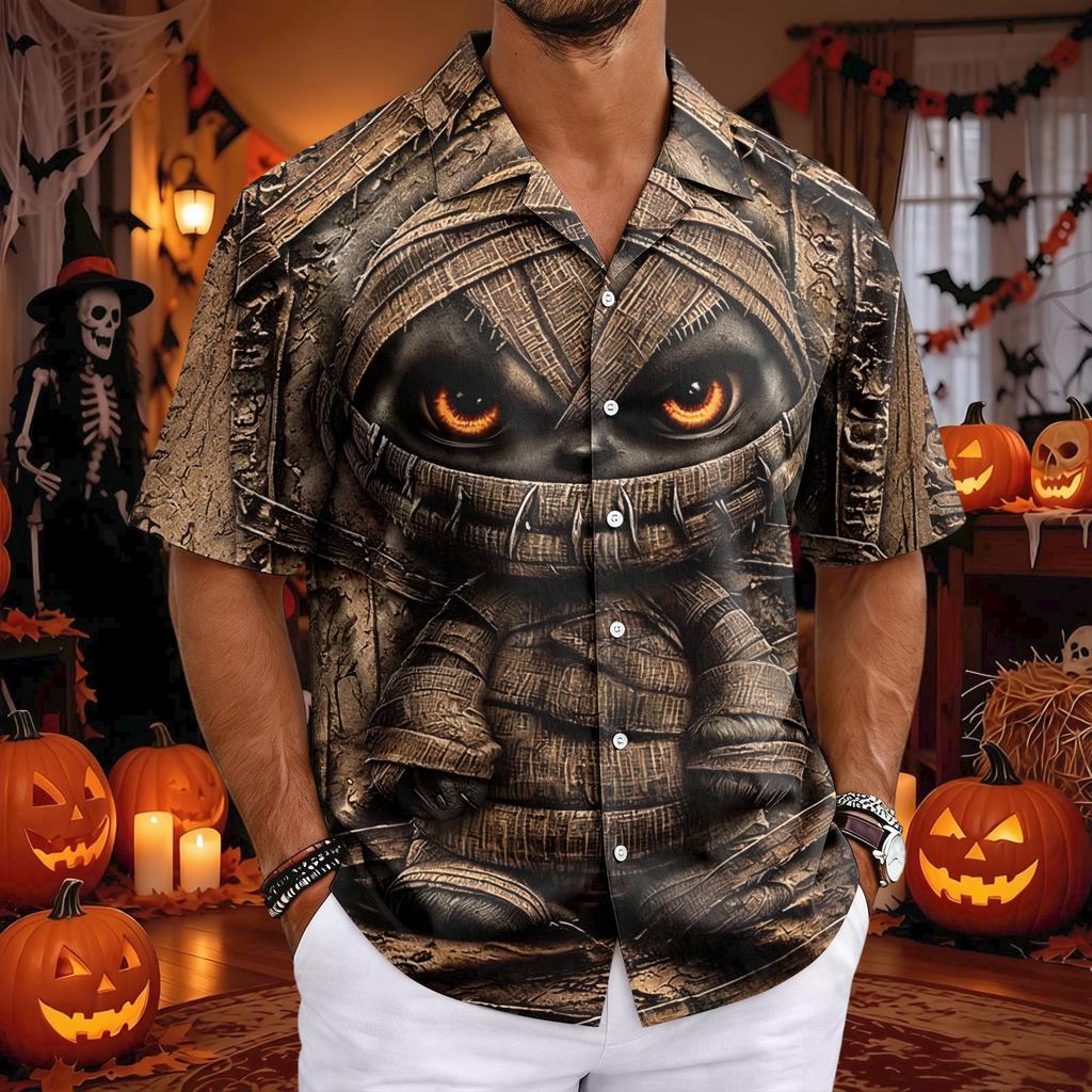 Camicia Casual da Uomo a Maniche Corte con Collo Cubano per Halloween, Vestibilità Larga