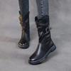 Genuine Leather Flat Mid-calf Boots For Women's Vintage Solid Color Side Zippered Boots