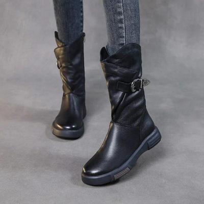 Flache, mittelhohe Stiefel aus echtem Leder für Damen, einfarbige Vintage-Stiefel mit seitlichem Reißverschluss