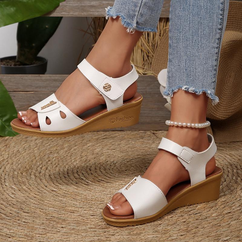 Women Summer Casual Wedge Sandals Comfortable Non Slip Beach Shoes Woman Flower Decor PU Leather Walking Sandalias Mujer 2025