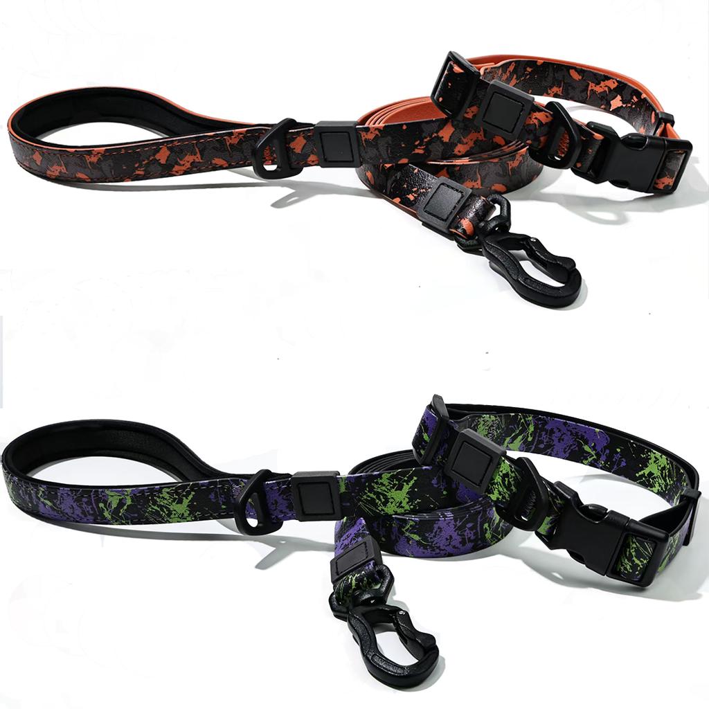 Waterproof PVC Dog Collar and Leash Set Adjustable Printed Pet Collar with Quick Release Buckle for Small Medium Large Dogs