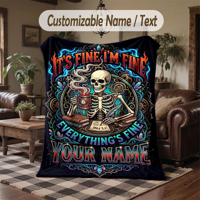 Skeletal Coffee Enthusiast Theme Throw Blanket Custom Name Text Personalized Blanket Soft Cozy Blanket for Home Sofa Bed